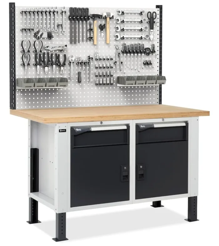 Banco da Lavoro con 2 Cassetti e 2 Vani e Parete - immagine 1