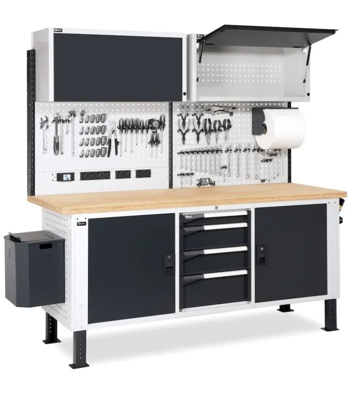 Banco da Lavoro Attrezzato con 4 Cassetti + 2 Armadietti e Pensili L=2000 mm - immagine 1