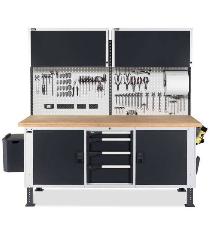 Banco da Lavoro Attrezzato con 4 Cassetti + 2 Armadietti e Pensili L=2000 mm - immagine 2