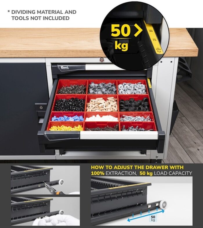 Banco da Lavoro Attrezzato con 4 Cassetti + 2 Armadietti e Pensili L=2000 mm - immagine 7