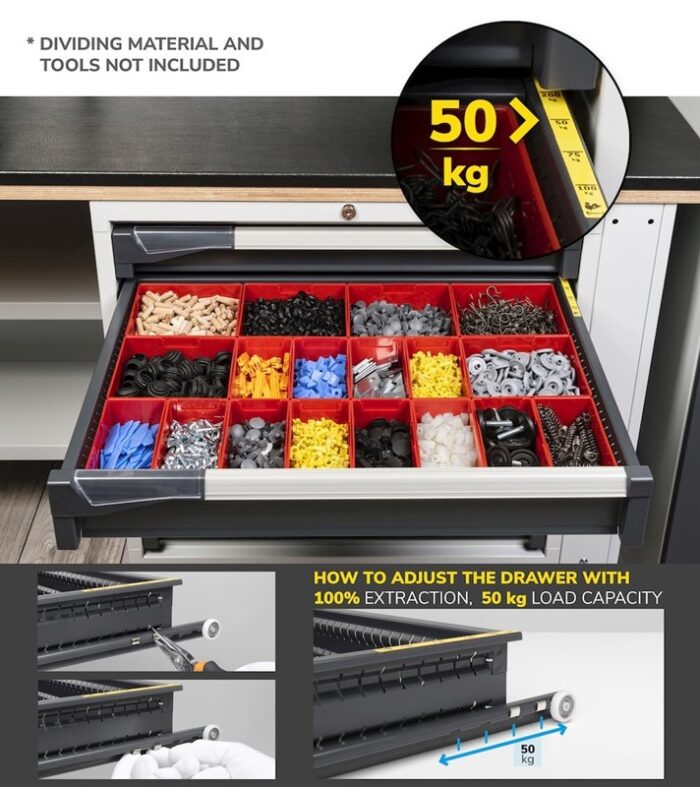 Banco da Lavoro Attrezzato con 8 Cassetti + 2 Armadietti e Pensili L=3000 mm - immagine 4