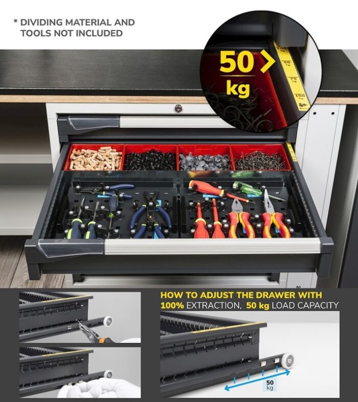 Banco da Lavoro Attrezzato con 8 Cassetti + 2 Armadietti e Pensili L=3000 mm - immagine 6