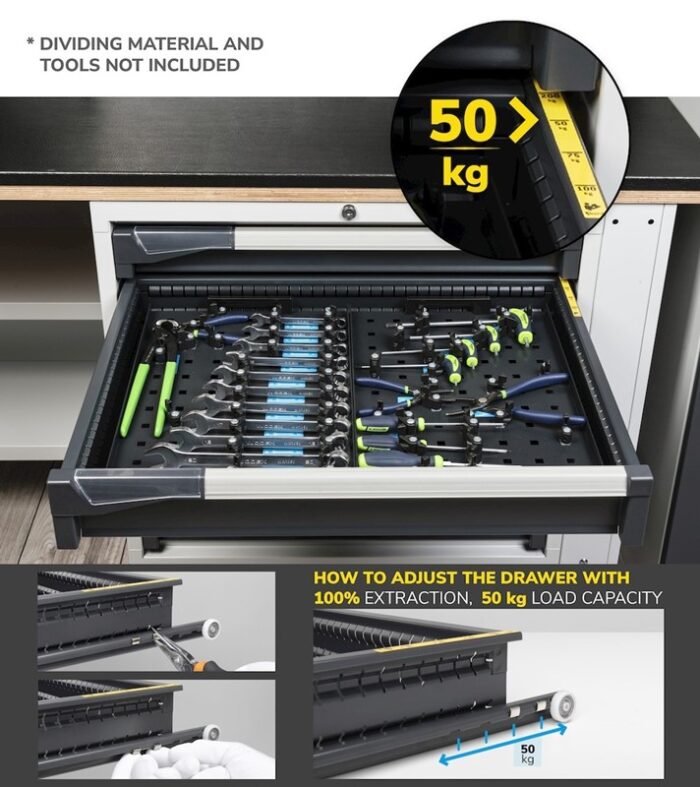 Banco da Lavoro Attrezzato con 8 Cassetti + 2 Armadietti e Pensili L=3000 mm - immagine 7