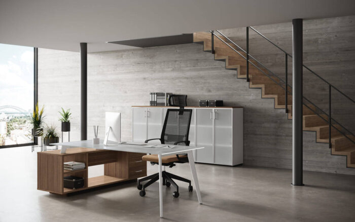 Scrivania in Cristallo Rhea 228x180 con Mobile e Cassettiera - immagine 2